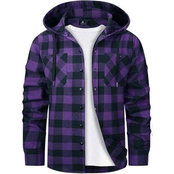Mens Hooded Flannel Shirts Hoodie Purple - Picture 1 of 6